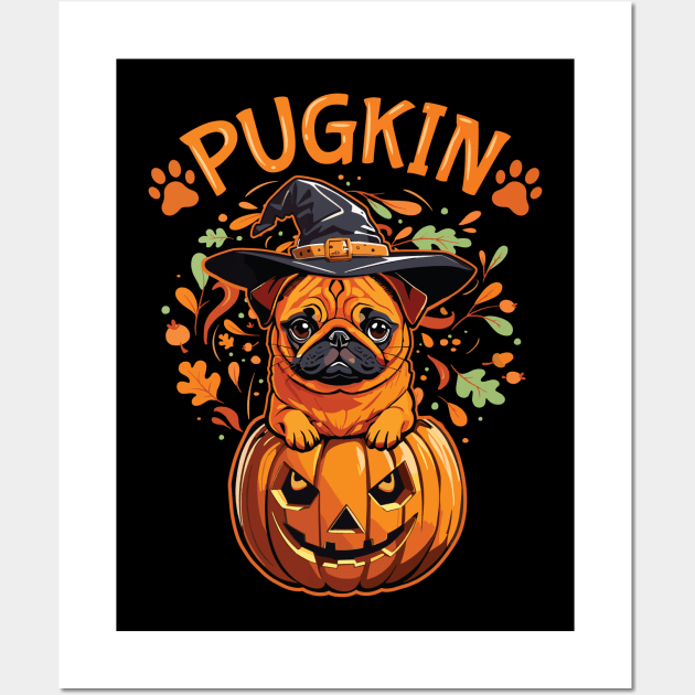 Pugkin Pumpkin Pug Halloween & Thanksgiving Design Wall Art by Graphic Duster